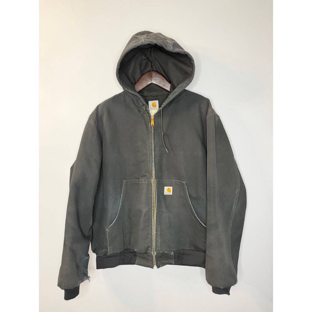 Vintage Carhartt J131 Duck Thermal Hooded Zip Jacket Distressed Men L Black